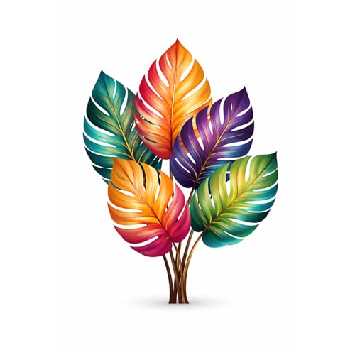 Image of Rangoli Colorful Tropical Leaves Wall Art 16x21 Inch | Abstract Botanical Monstera Leaf Painting | Vibrant Multicolor Canvas Print for Living Room Bedroom Home Decor