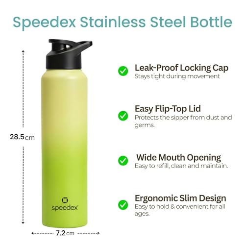 Image of Speedex Stainless Steel Water Bottle 1 Ltr, Leak Proof Sipper Cap, BIS Approved 1000 ml Metal Bottle For Daily, Office, School, Gym, Travel Use for Men, Women, Kids, Adults, Lime Green, Set of 4