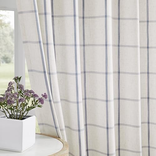 Vision Home Blue Plaid Linen Pinch Pleated Semi Sheer Curtains 40Wx108Lx2 - image 2