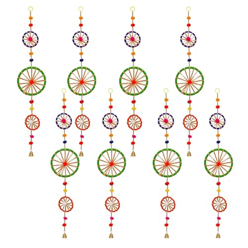 Image of eCraftIndia Multicolor Rings with Pom-Pom Tassels Bell Hangings (Pack of 8) Toran for Home Decor-Ganesh Chaturthi, Navratri, and Diwali Decoration Items