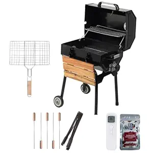 Amazon Brand - Umi Flame Master Pro Premium Charcoal BBQ Grill Set | Large Cooking Area, Easy Assembly, Warming Rack | Includes Skewers, Tong, Brush, Thermometer & Spices (Black)