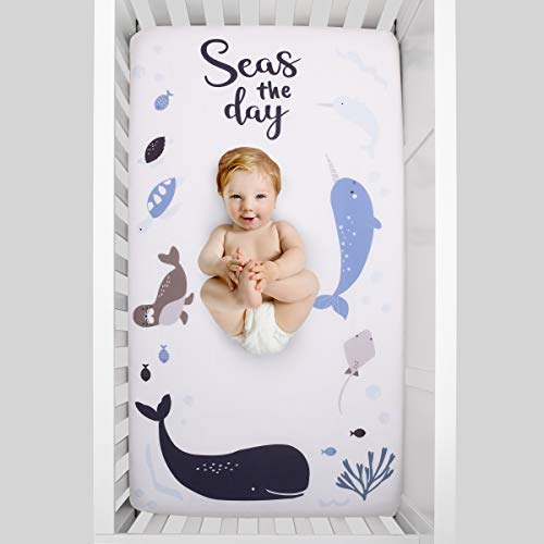 Image of NoJo Seas The Day Multi Sea Animals Blue and White 100% Cotton Photo Op Fitted Crib Sheet