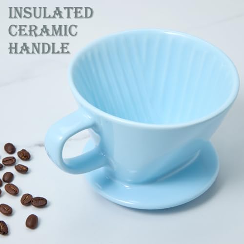 Image of Pour Over Coffee Dripper, Ceramic Pour Over Coffee Maker, Blue | 3 Holes Flat Bottom, Easy Manual Brew Maker, Porcelain Slow Filter Cone for Travel, Camping, Office, Home