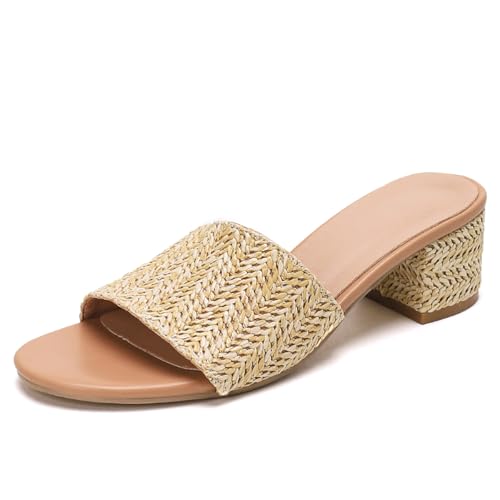 getmorebeauty Raffia Heeled Sandals for Women Chunky Heels Open Toe Slides Mules Sandals Slip On Summer Shoes