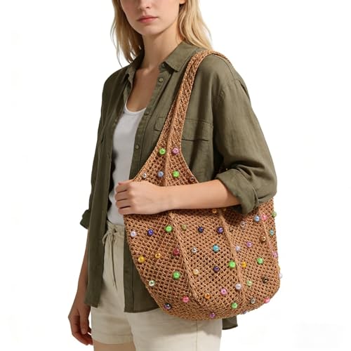 Image of Boho Crochet Beach Tote Shoulder Bag with Colored Beads | Colorful Aesthetic Hippie Knit Bag for Women