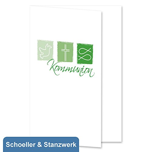 10 Stück Grußkarten/Einladungskarten/Danksagungskarten zur Kommunion mit grünem Druck - inklusive 10 Umschlägen - Schoeller & Stanzwerk