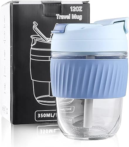 Image of Kamvy Reusable Glass Coffee Sipper with Lid and Straw, 350ml Leakproof Tumbler Travel Mug, Iced Tea Cup for Juice, Smoothies, Cocktail, Beer Any Cold Hot Drinking Cups Pack of 2 (Multi Color)