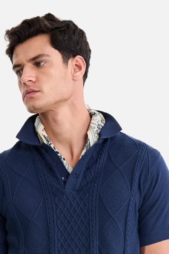 Image of SNITCH Men Polo T-Shirt | Classic Cable Knit Textured Front Panel & Half Sleeve Design | Premium 100% Cotton Knitted T-Shirt Men, Breathable Casual Holiday