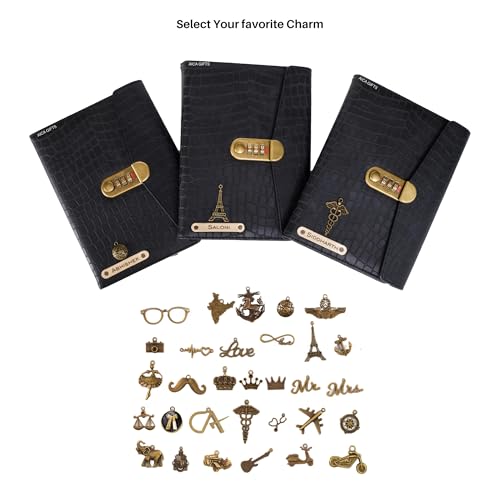 Image of AICA Personalized Name & Charm Leather Lock (Black) Diary � A5 Size 230 Pages with Combination Lock for Men & Women | Customized Planner Diaries Office Corporate Gift Items for Employee Colleagues