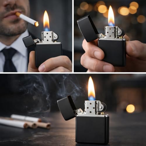 Image of Classic Matte Black Metal Lighter, Refillable, Windproof Flip-Top Design