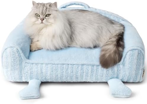 EHEYCIGA Washable Dog Beds for Small Dogs 24 Inch - Striped Cat Couch for Indoor Cats with Removable Cover, Shredded Memory Foam Waterproof Puppy Bed with Non - Slip Bottom, Blue