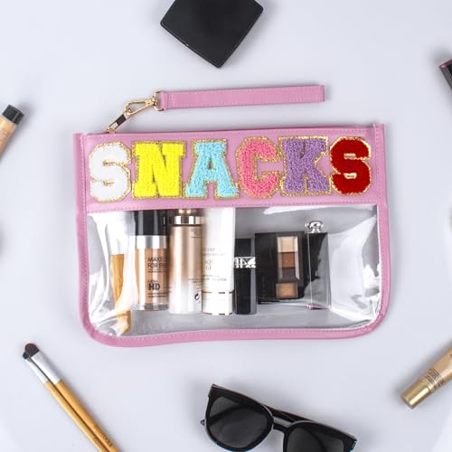 BuyCard Chenille Brief Tasche,wasserdicht Reise Snack Pouch mit Glitter Patch Buchstaben,Reise Make upTasche mit Reißverschluss, Kulturbeutel mit adrettem Aufnäher, für Damen und Kinder. (PINK)