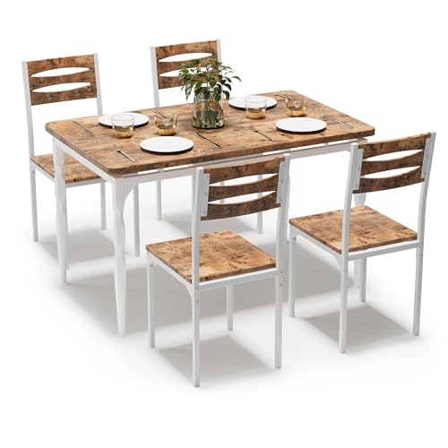Image of Garvee 5 Piecs Dining Table Set, Farmhouse Style Dining Table and Chairs Set for 4, Dining Set for Dining Room Kitchen Apartment, White & Brwon