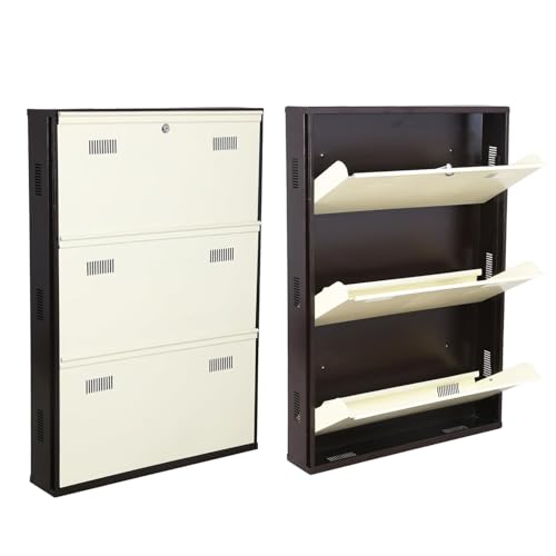 Image of Metal Shoe Rack Wall Mounted for Home with Central Locking 3 Door 28 inch Wall Mounted Metal 9 Pair Shoe Rack Cabinet Pre-Assembled Rack Shelves|3 Year Warranty (Brown & Ivory)