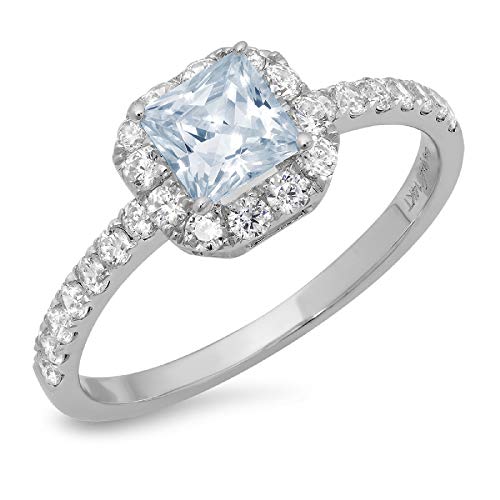 1.37ct Brilliant Princess Cut Solitaire with accent Flawless Genuine Natural Light Sea Blue Aquamarine Gemstone VVS1 Designer Modern Statement Ring Solid 14k White Gold, Size 6 Clara Pucci