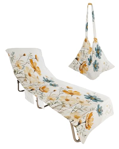Yellow Blue Spring Floral Beach Lounge Chair Towel Cover, Soft Chaise Lounge Towel with Side Pockets Patio Pool Chairs Cover for Beach/Pool Sunbathing 29x85 Watercolor Summer Botanical