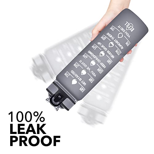 Image of Hyeta 32 Oz Water Bottle with Times to Drink and Straw, Motivational Time Marker, Leakproof & BPA Free, 1 Liter Reusable Sports, Gym & Outdoor Bottle, Grey Matte