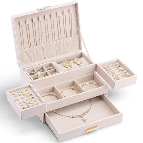 Vlando Large Jewellery Box, 3 Tier Jewellery Organiser with Drawer, Box & Organiser with Retractable Tray for Necklaces, Rings, Bracelets, Earrings,Gifts for Women,Pink