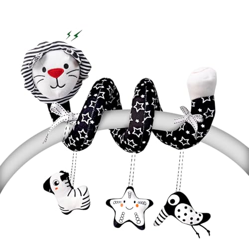 LiKee Spiral Car Seat Toys for Babies 0-6 Months, Black High Contrast Plush Hanging Baby Stroller Toys, Crib & Carseat Sensory Activity for Newborn, Ages 0+ Years 6-12 Month Infants Boy Girl Gifts