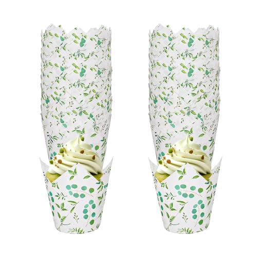 Charming Decoration ベーキングカップ 100枚入れ 8号 グラシンカップ マフィンカップ 使い捨て 紙製 耐熱 防水 耐油 電子レンジ オーブン対応 DIY製菓用品 ケーキ 蒸しパンカップ (緑の葉(100枚入れ), 5cm*8cm)