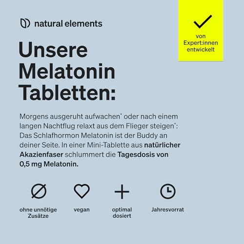 natural elements Melatonin – 365 Tabletten – 0,5mg Melatonin pro Tablette – hochdosiert – Ohne unerwünschte Zusätze – Laborgeprüft – Alternative zu Einschlafspray - 100% vegan – Großpackung