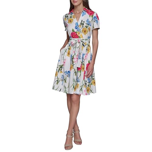 Image of Karl Lagerfeld Women's Short Sleeve Surplice Neck Faux Wrap Belted Mini Dress