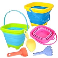 Xgunion Collapsible Beach Sand Bucket 3 Packs Foldable Buckets Set with Shovels & Mesh Bag Collapsible Beach Toys for Kids Summer Sand Buckets for Kids Cruise Beach Essentials