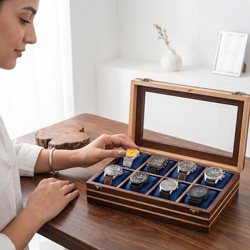 Image of Mens watch box, Watch display case, Indian Rosewood watch box organizer for men, Velvet lining glass lid, Solid Gift for Him, Made for Special Occasions (Dark brown - 8 room - 2)