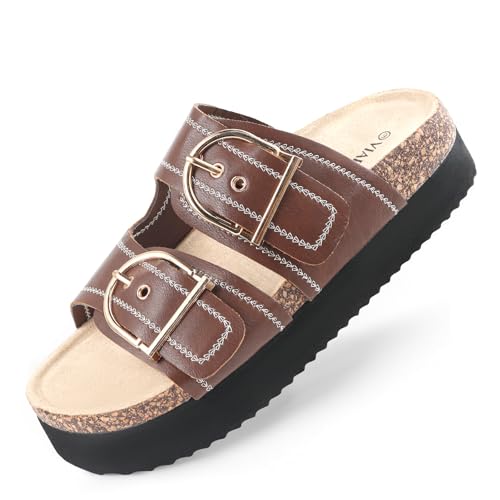 Image of Chunky Platform Sandals for Women, Waterproof Non-Slip Rubber Sole, Adjustable Double Buckle, Arch Support Open Toe Slide Sandals, Comfortable Black Wedge Sandals for Women