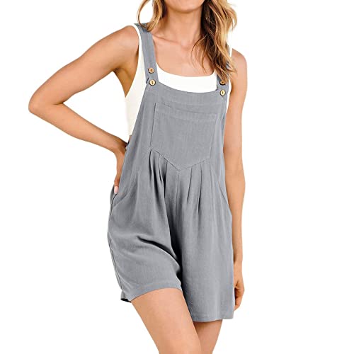 Mono rojo casual correa ajustable suelto de lino corto peto mono mono pelele portacigarrillos mujer, gris, S