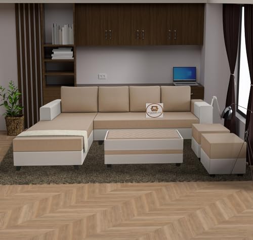 WOODREAM Left Facing Upholstered L Shape 8 Seater Sofa Set | Sectional Swed Fabric Sofa Set with Centre Table, 2 Puffy Ottomans and 4 Small Pillow for Living Room & Drawing Room | Beige & White WOODREAM Left Facing Upholstered L Shape 8 Seater Sofa Set | Sectional Swed Fabric Sofa Set with Centre Table, 2 Puffy Ottomans and 4 Small Pillow for Living Room & Drawing Room | Beige & White