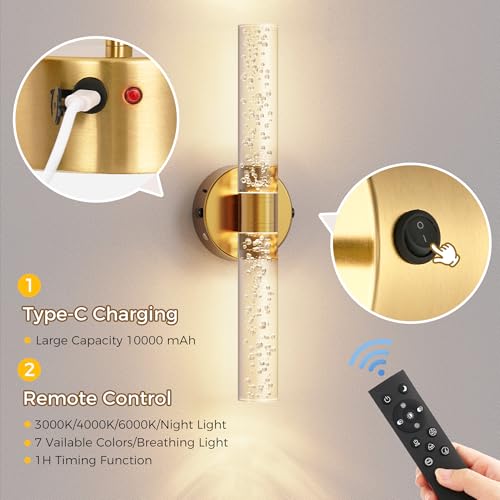 Image of DORESshop Battery Operated Wall Sconces Set of 2, 10000mAh Rechargeable Wall Sconce with Bubble Crystal, 9 Color Dimmable Wireless Wall Sconce, Sconce Wall Decor for Living Room, Bedroom, Gold 18in