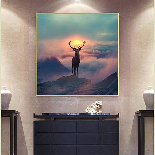 Peinture style nordique forêt elfe cerf sur toile de qualité supérieure 80x80