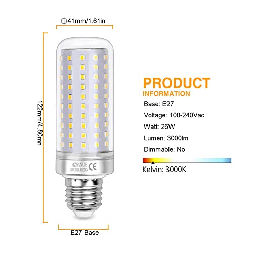 HZSANUE Led Light Bulbs 26W, 200W Incandescent Bulbs Equivalent, 3000Lm, 3000 Kelvin Warm White, E27 Large Edison Screw, Pack of 3
