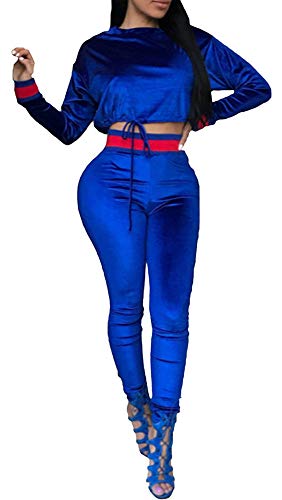 TOP-MAX Women's Sweatsuits, Velour Stripe Jogging Zipped Hoodie - Fashion Sport Suit, Hoodie and Pants Sports Tracksuits Blue
