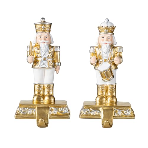 Glitzhome Nutcracker Christmas Stocking Holders, Set of 2 Gold and White Polyresin Mantel Hooks for Fireplace, Holiday Decor with Non-Slip Base by Glitzhome - Used condition - US$17.77