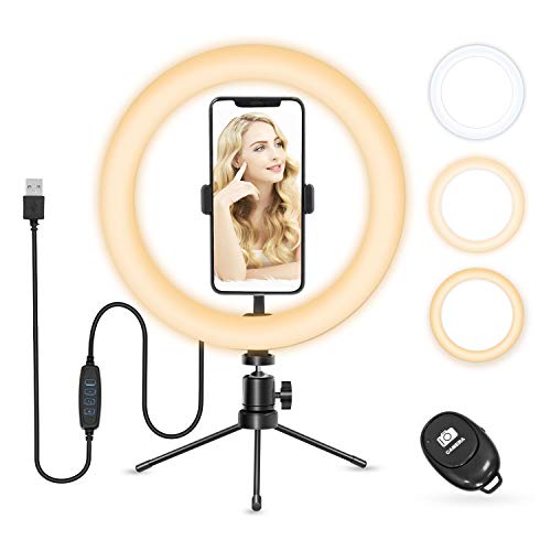 Ring Light, Vamvo 10" 5500K Réglable LED Lumière Anneau avec Trépied & Support de Téléphone, 8 Niveaux de Luminosité, Récepteur Bluetooth pour Smartphone, Youtube, TikTok Self-Portrait Vidéo Tournage Cover