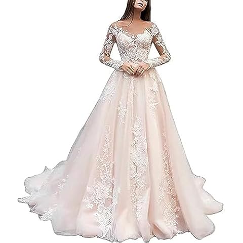 Xtulle A-Line Wedding Dress for Women V-Neck Appliques Tulle Full Sleeves Sweep Train Bridal Gowns Champagne 14 Cover