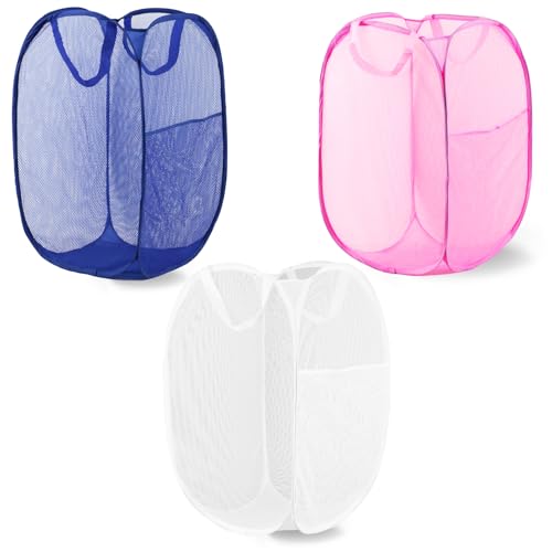 Image of Pop Up Laundry Hamper, Mesh Laundry Basket Collapsible, Foldable Hamper for Travel and Storage, 3 Pack (White+Pink+Blue)