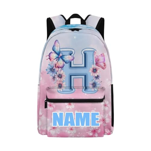 WELLFLYHOM Butterfly Custom Name School Bag for Girls 17 Inch Laptop Backpack Initial H Cherry Blossom Personalized Bookbag Daypack for Junior High School Students