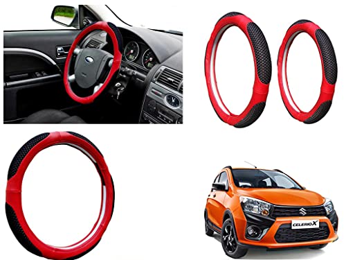 Image of Microfiber Car Steering Wheel Cover, Soft Padding Great Hand Feel, Anti-Slip, Faux Leather Steering Cover for Maruti Suzuki Celerio X | Black Red Jali - Pack of 1