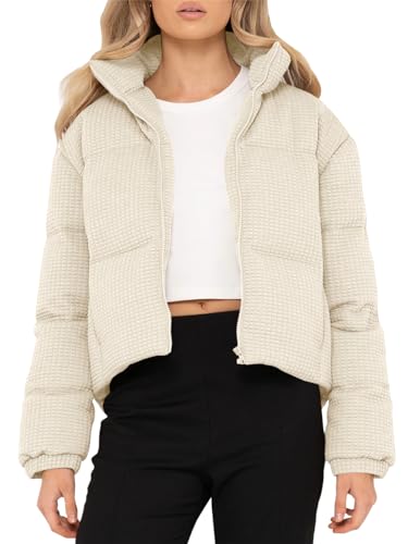 Tankaneo Women's Waffle Crop Puffer Jackets Stand Collar Long Sleeve Padded Winter Outerwear