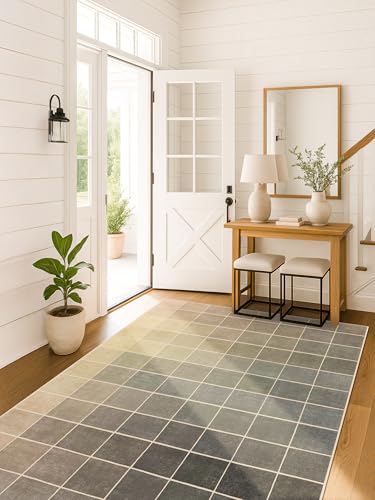 Washable Minimalist Modern Office Rug 5x7, Non Slip 0.25" Thick Low Pile Rug for Large Entryway, Stain Resistant Dining Room Rugs Under Small Dining Table, Gray & Beige