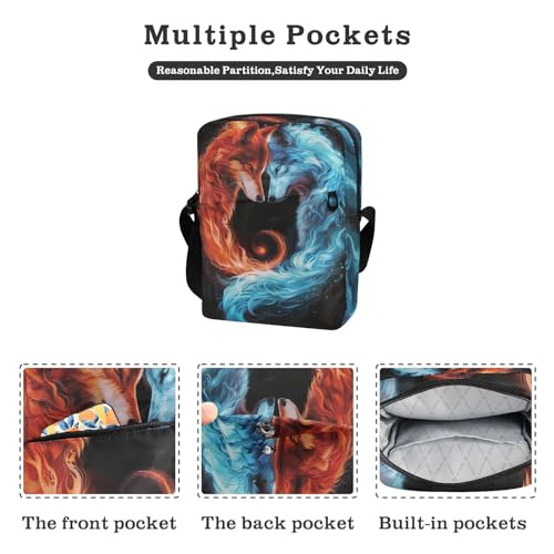 Crossbody Bag Fire Ice Blue Flame Foxs Animal Messenger Bag for Women Men Purse Shoulder Bag Satchel Bag with Adjustable Strap 214B61872