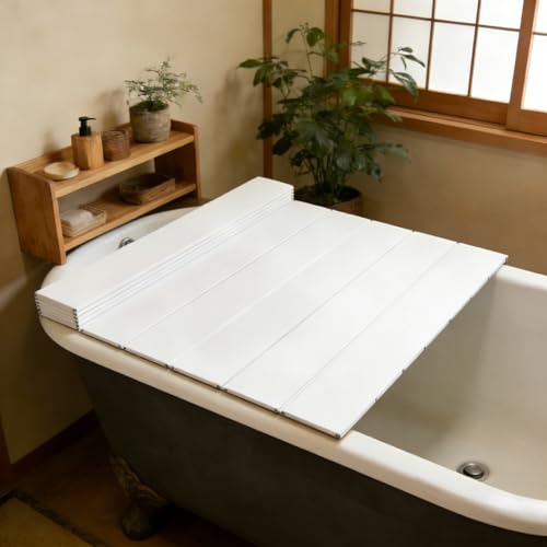 White Wood Grain Foldable Bathtub Cover PVC Waterproof Dustproof Bath Tub Lid Heat Preservation Bathroom Tub Tray for Home Hotel Spa (59.0627.560.26in)