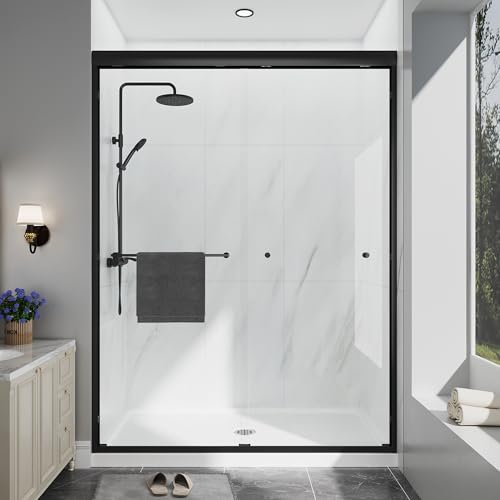 EASYWORC Double Sliding Shower Door, 55'-60' W x 70' H Semi-Frameless Glass Shower Door, 1/4'' (6mm) Clear SGCC Tempered Glass with Explosion-Proof Film and Nano Coating, Matte Black