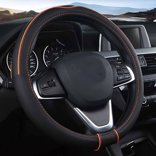SHIAWASENA Auto Car Steering Wheel Cover, Universal 15 Inch Fit, Soft Leather, Breathable Anti Slip (Black&Orange)