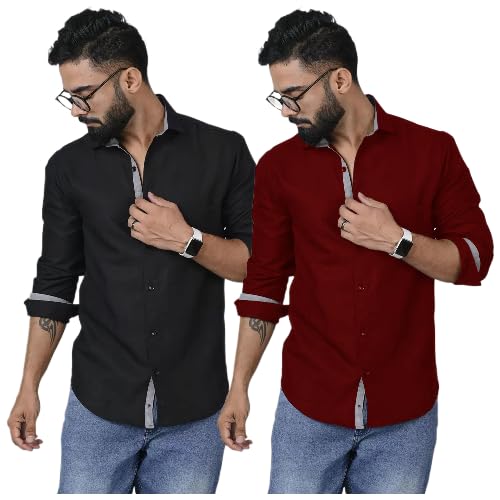 Image of Pinkmint Shirt for Men Cotton Soild Shirt & Spread Collar Long Sleeve Shirt Formal, Travelling