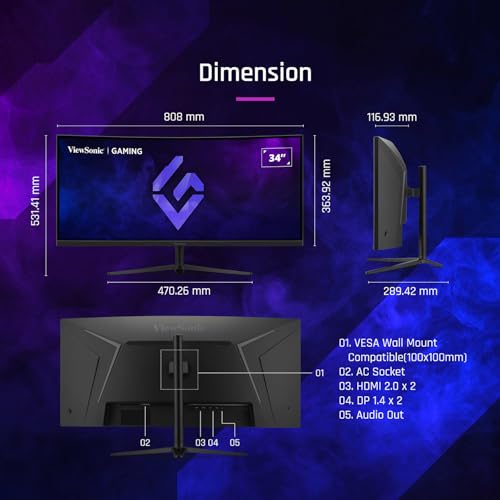 Image of ViewSonic VX3418C-2K 34 Inch 1440p Ultrawide Curved Gaming Monitor, 180Hz and 1ms for Fast Gameplay, FreeSync Premium and HDR10 for Smooth Visuals, Full Ergonomic Adjustability, HDMI, and DisplayPort