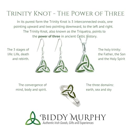 Biddy Murphy, Genuine Irish Trinity Knot Earrings for Women, Silver Rhodium Plating with Green Enamel, Classic Celtic Jewelry, Made in Ireland, Stud Post, 3/8" Inches2